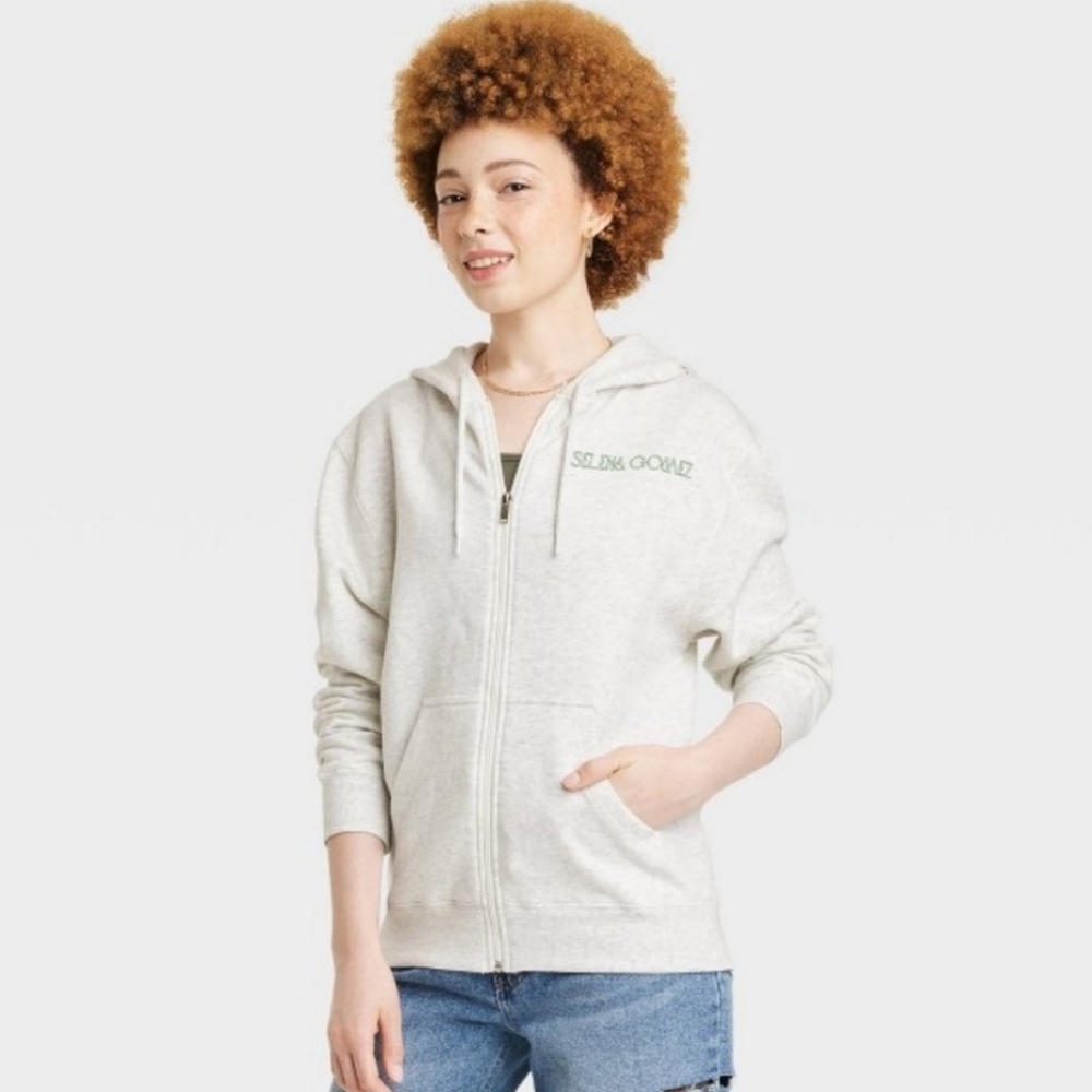 Selena Gomez Floral Zip-Up Graphic Hoodie - Gray